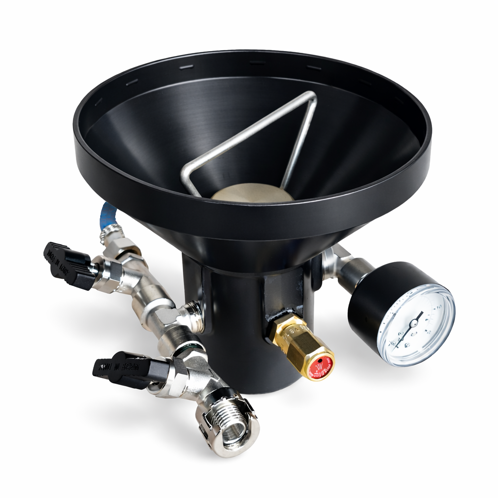 Funnel with pressure gauge and valves