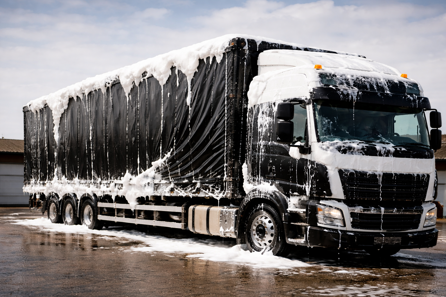 Foam cleaning of truck tarpaulin with pneumatic foamer